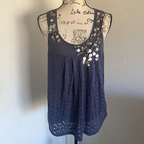 Anthropologie Deletta Blue Sprinkled Shell Detailed Top - Picture 2 of 10